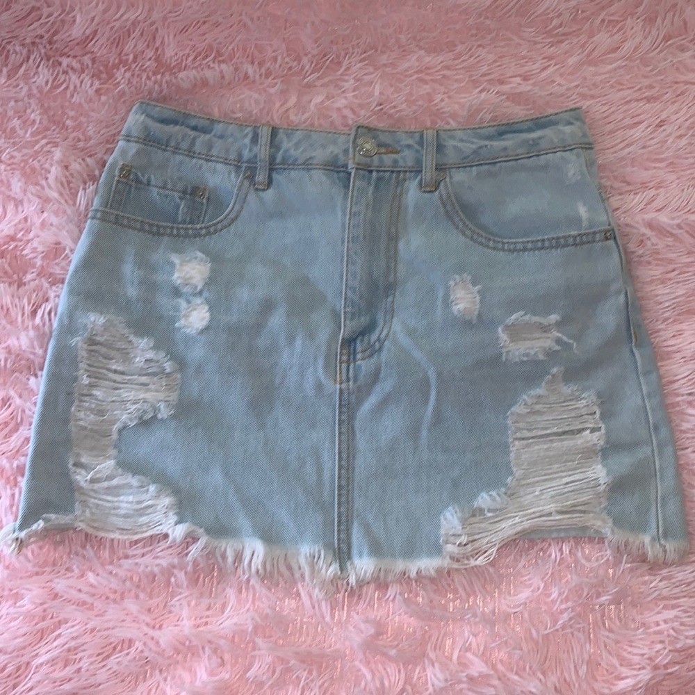 Forever 21 Light Blue Distressed Denim Skirt